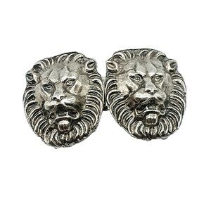 Vintage Silver Tone Lion Head Double Buckle 2 Pc Set